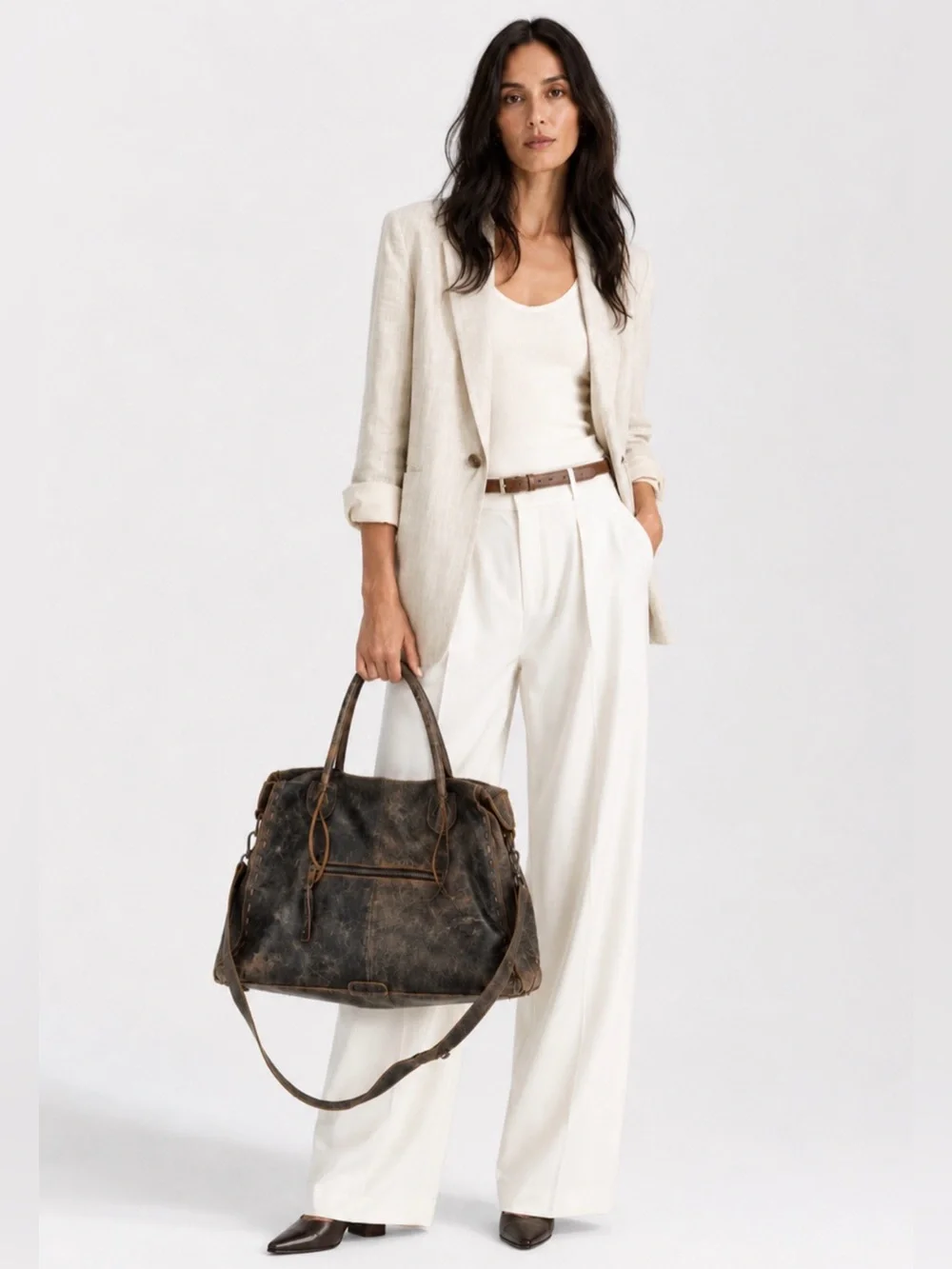 Bed Stu Extra Large Distressed Leather Tote Satchel Shoulder Bag Black Tan Boho